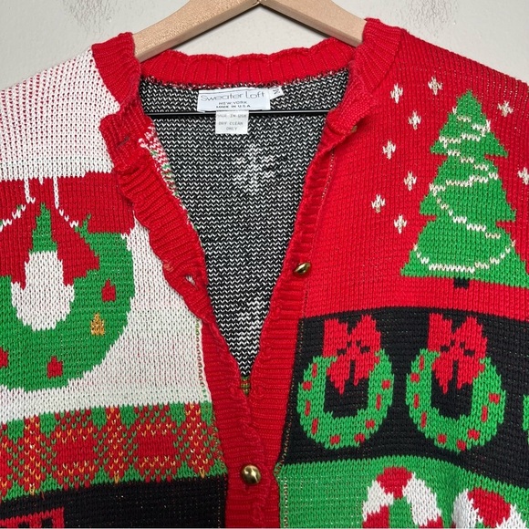 VTG Sweater Loft Women Cardigan Medium Christmas‎ Patchwork Presents Candy Cane - Picture 14 of 15